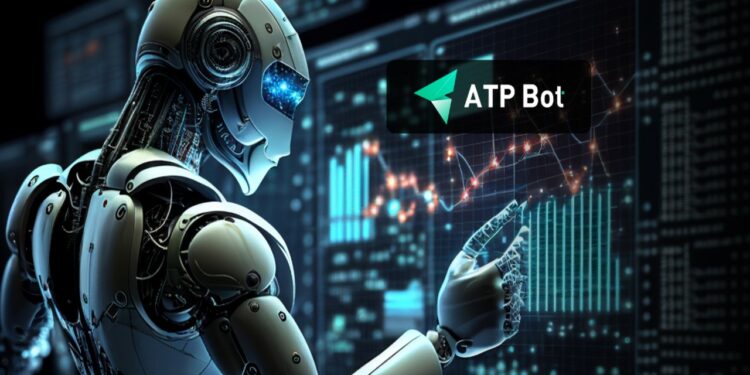 Robot cibernético tocando una pantalla de computadora y logo de ATPBot arriba.