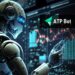 Robot cibernético tocando una pantalla de computadora y logo de ATPBot arriba.