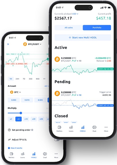 2 celulares con gráficos de precios de criptomonedas en pantalla,