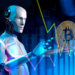 Robot cibernético con IA haciendo trading de bitcoin.