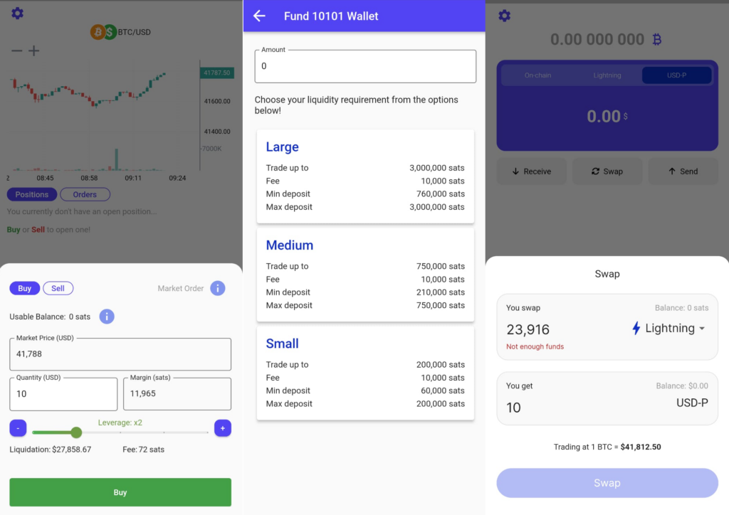Capturas de la wallet de Bitcoin 10101 para envíos con Lightning.