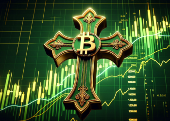 Una cruz verde con el logo de bitcoin en dorado.