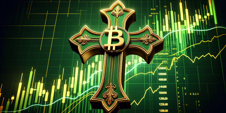 Una cruz verde con el logo de bitcoin en dorado.