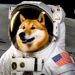Un perro de raza shiba inu en la luna, vestido como astronauta.