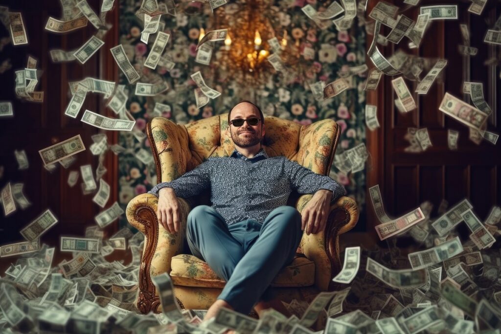 Multimillonario sentado en un sillón y con una lluvia de dinero.