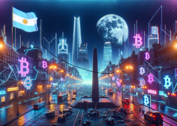 Buenos Aires cyberpunk con bandera de Argentina y logos de bitcoin.