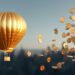 un globo aéreo dorado y muchas monedas cayendo en el aire