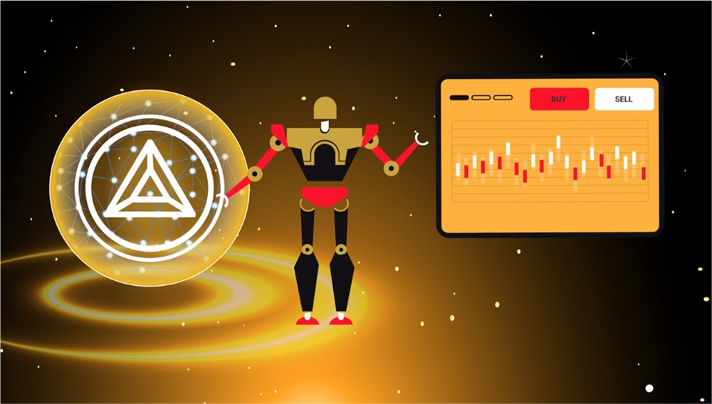 Dibujo de un robot en negro y dorado con el logo de AlgosOne al lado.