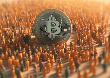 una multitud al rededor de una moneda de Bitcoin