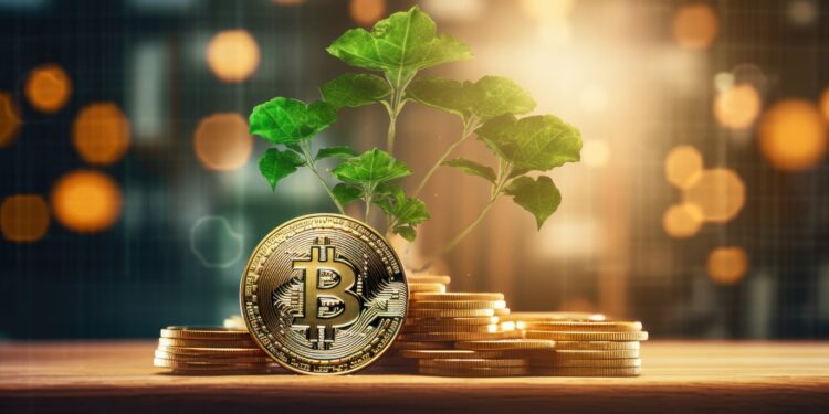 Unas monedas de bitcoin y una planta que crece sobre ellas