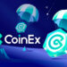 Logo de CoinEx con un par de monedas CET colgando de paracaidas simbolizando el airdrop del CoinEx Brand Day.