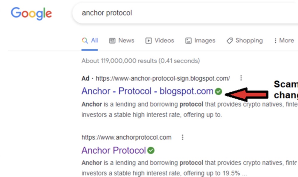 Una captura de pantalla del buscador de Google mostrando una pagina falsa de otra empresa.