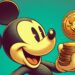 Mickey Mouse sosteniendo un token grabado con su rostro..