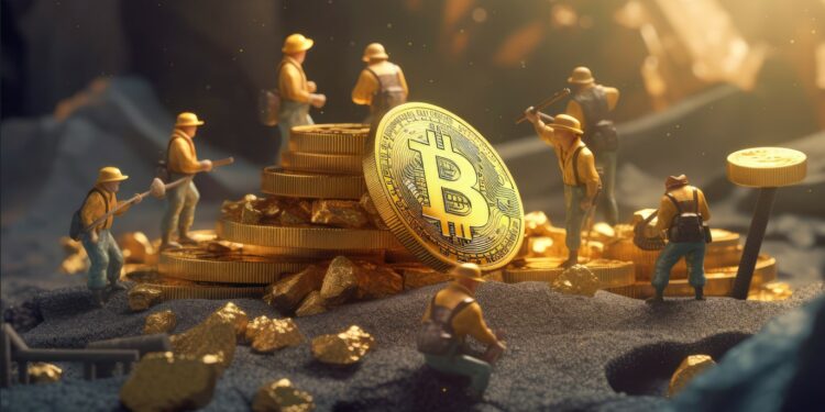 mineros en miniatura al rededor de una moneda gigante de bitcoin dorada