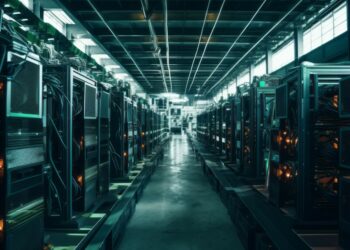 Rigs con máquinas de minería de Bitcoin en un largo pasillo