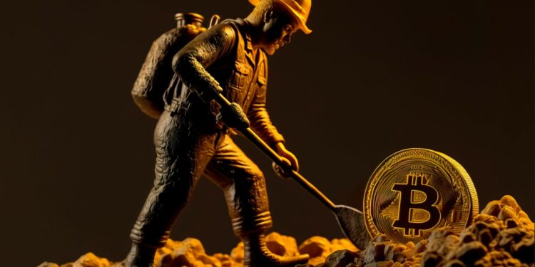 Un minero dorado excavando una moneda de Bitcoin