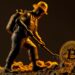 Un minero dorado excavando una moneda de Bitcoin
