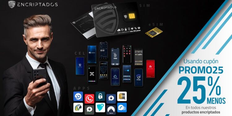 Pancarta promocional de los celulares, apps y SIM cards de Encriptados.io