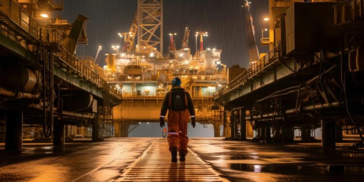 Un trabajador caminando en medio de unas instalaciones petrolíferas