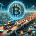 Una moneda de bitcoin iluminada sobre una autopista muy congestionada.