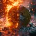 Una moneda de bitcoin en llamas y parcialmente destruida