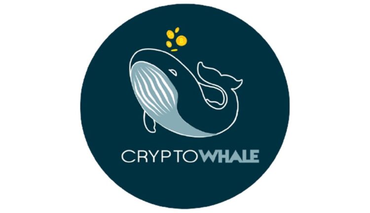 Logo de CryptoWhale en color azul oscuro representado por una balena con monedas de bitcoin doradas encima.