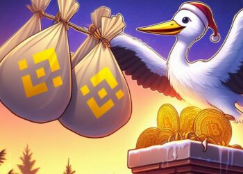 Cigueña entregando bolsas de monedas de Binance.