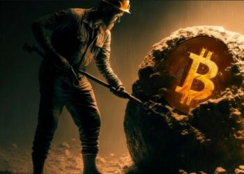 Una persona con una pala y una roca que contiene un bitcoin