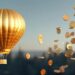 UN globo aeroestático dorado y numerosas monedas doradas cayendo del cielo