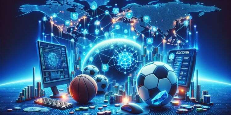Mapa mundi digital sobre un tablero de circuitos impresos y balones de futbol y baloncesto.