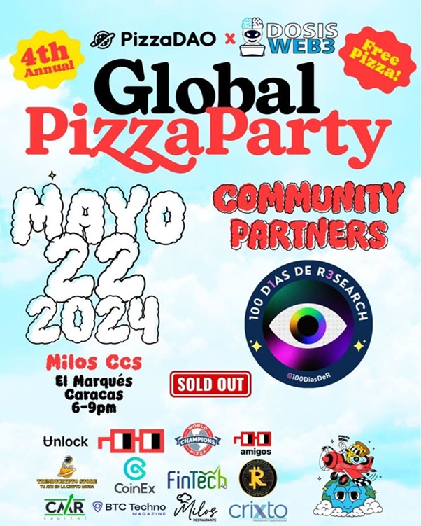 Pancarta promocional de la celebracion del Pizza Day en PizzaDAO en Caracas, Venezuela.