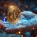 Una mano sosteniendo un Bitcoin entre chispas doradas como de magia