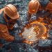 mineros extrayendo una moneda de Bitcoin de la roca
