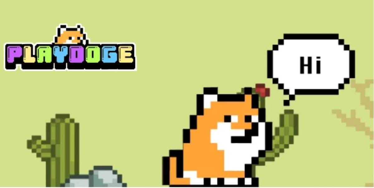 Perro y cactus pixelados y logo de PlayDoge encima