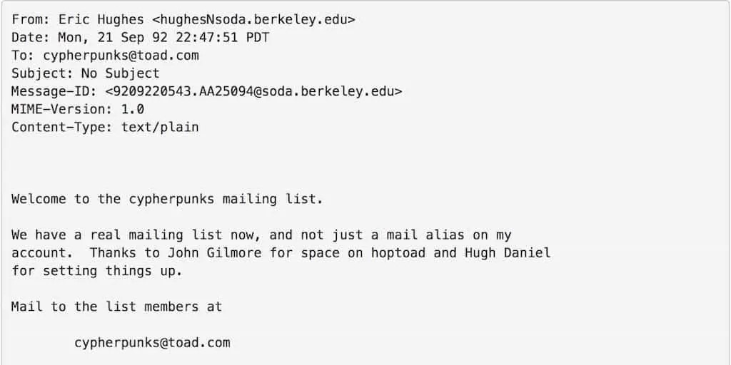 Primer mensaje de la lista de correos cypherpunk