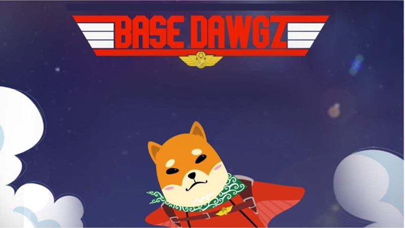 Perro volando entre nubes y logo de Base Dawgz