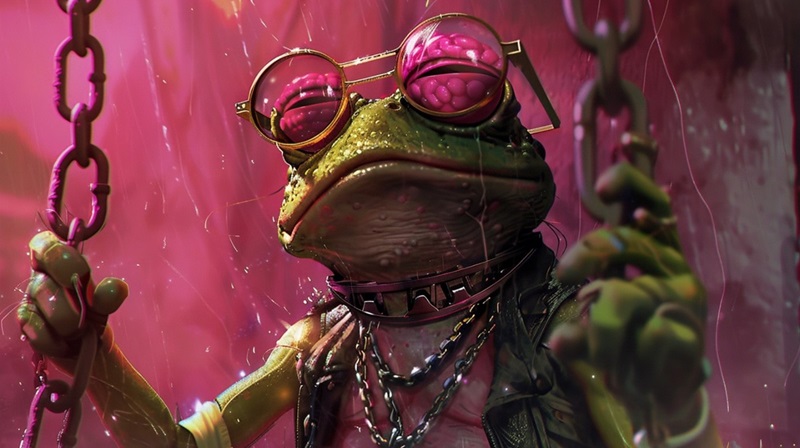Sapo con gafas colgado de cadenas