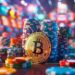 Una moneda de Bitcoin junto a pilas de fichas de apuesta de casino.