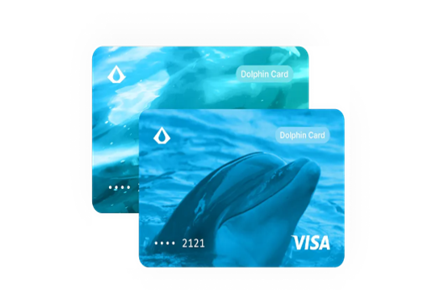 Dos tarjetas Dolphin Visa con temática marina y diseño de delfín bajo el agua.