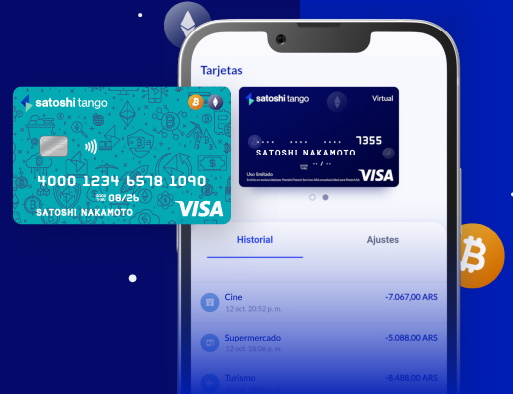 Tarjetas Satoshi Tango física y virtual con historial de gastos en app