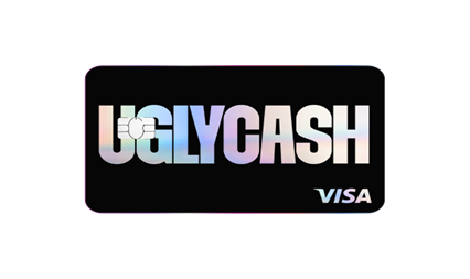 Tarjeta UGLYCASH Visa negra con el logo “UGLYCASH” en letras grandes y brillantes. 