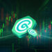 Logo de Coinex y grafico de velas de trading.