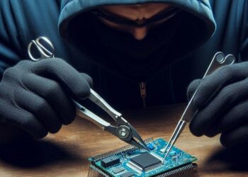 un atacante intentando vulnerar un microcontrolador con pinzas especiales