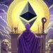 un augur frente a un altar con el símbolo de Ethereum, estilo griego