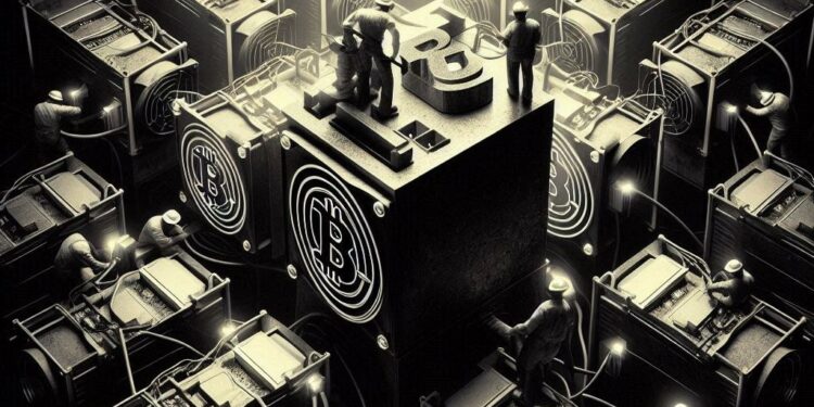 unos mineros de bitcoin aglomerados en una sola mina, estilo noir
