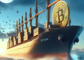un barco de bitcoin llegando a tierra, estilo realista