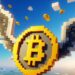 bitcoin con alas elevándose al cielo, estilo minecraft