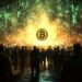 image depicts crowd of people silhouetted against vibrant backdrop of digital symbols and lights, with prominent Bitcoin symbol glowing in center, symbolizing rise of cryptocurrency and its impact.