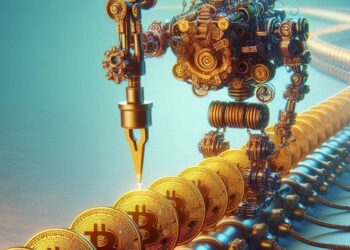 un bitcoin atascado en una cola de bitcoins, estilo technopunk