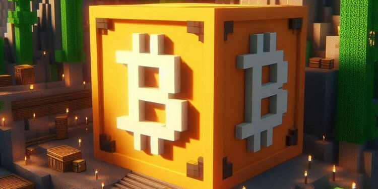 un bloque de bitcoin, estilo minecraft